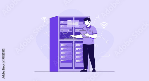 Network Technician Working On Server Rack With Tablet And Wifi Signals