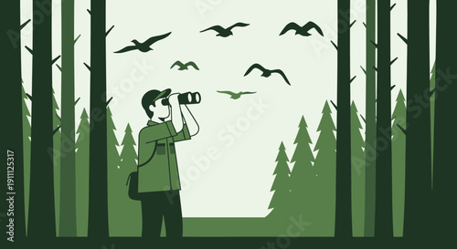 Nature Enthusiast Observing Birds Through Binoculars In A Forest