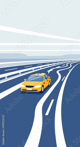 Modern Yellow Taxi Navigates Complex Highway Interchange Under a Vast Sky