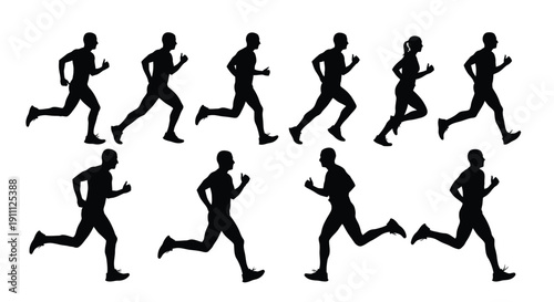 Ten runners' silhouettes in different stages of sprinting.