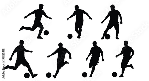 Seven soccer player silhouettes performing various dribbles.