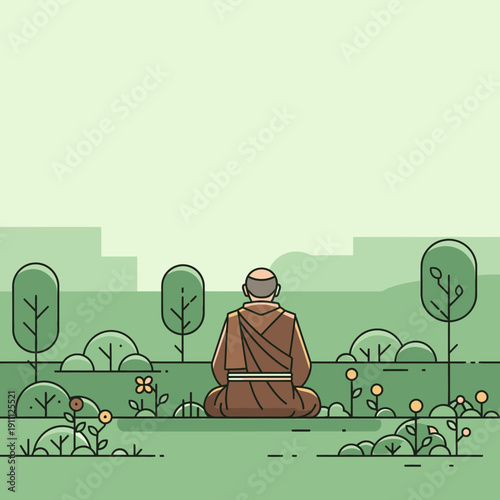 Monk Meditating In Peaceful Nature Scene With Minimalist Style