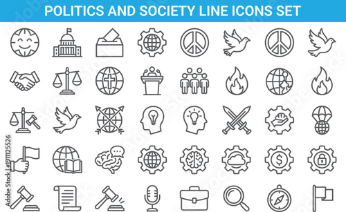 Politics and society line icons set, democracy, peace, justice, human rights, global conflict, leadership, law, international relations symbols