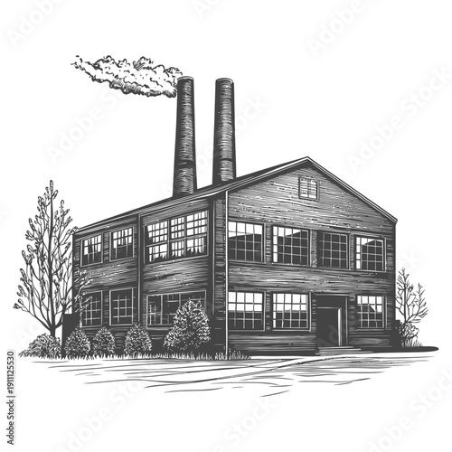 Detailed pen and ink drawing of an industrial factory building