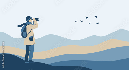 Observing Distant Birds In A Stylized Mountain Landscape On A Cold Day