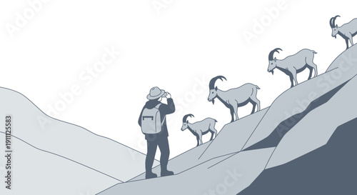 Observing Ibex Herd On Rugged Mountain Slope Adventure Trip
