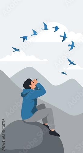 Observing Migrating Birds with Binoculars Over Mountain Landscape