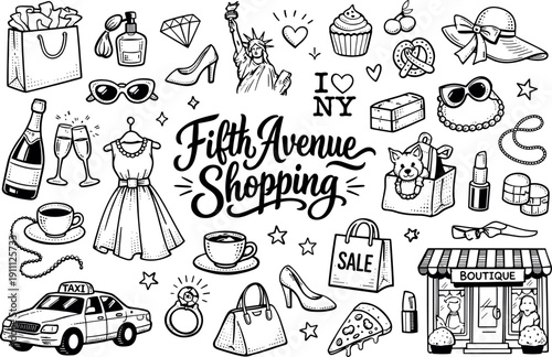 Fifth Avenue shopping vibes, hand drawn doodle elements set, center hand-lettered title, black & white vector line art, bold