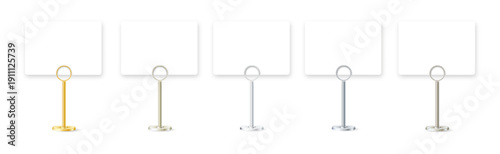 Table stand with metal clip holding blank card for business display. Realistic mockup for restaurant sign, office memo, or desktop message template. Vector
