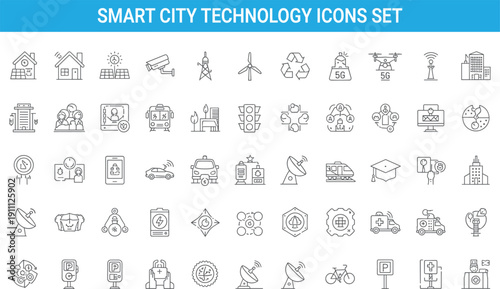Smart city technology icons set, IoT energy security transport communication infrastructure outline vector collection for future urban digital systems