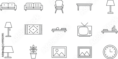 A collection of minimalist black and white line art icons depicting various pieces of furniture and home decor items