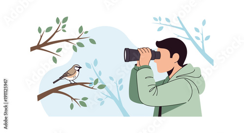 Observing Wildlife Nature Person With Binoculars Watching A Bird On Tree Branch