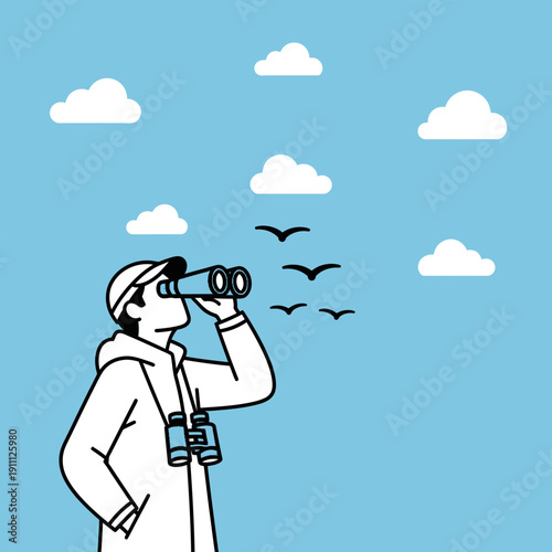 Observing Wildlife Through Binoculars Under A Blue Sky With Clouds