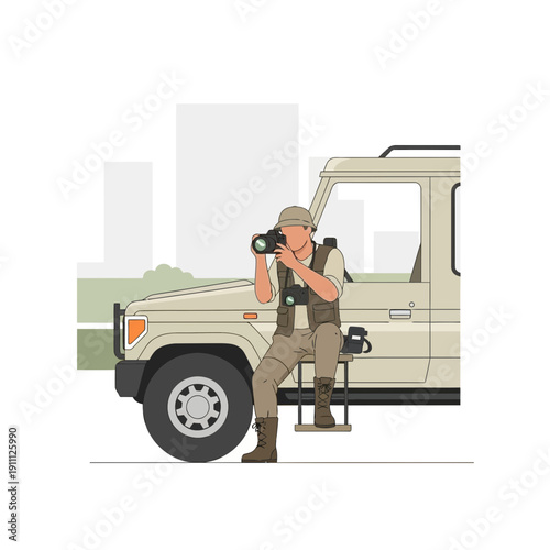 Outdoor Photographer Capturing Wildlife Moments Near Safari Vehicle