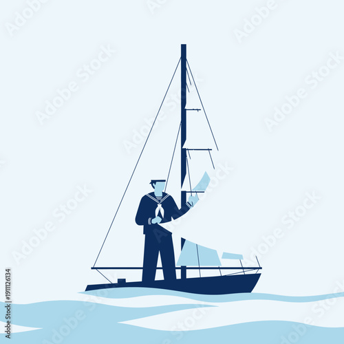 Naval Officer Charting Course Aboard Sailboat At Sea