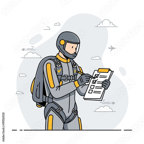 Parachutist Completing Checklist Before Extreme Aerial Adventure And Descent
