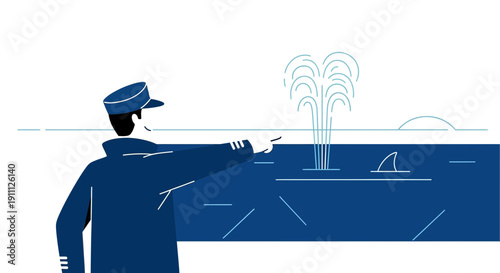 Naval Officer Directing Crew Towards Whale Spout And Shark Fin