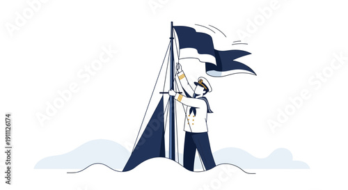 Naval Officer Raising Flag Atop Sailboat Mast Amidst Waves