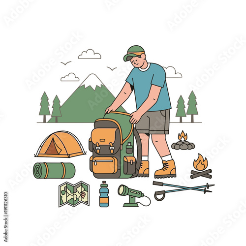Outdoor Adventure Gear And Camping Essentials For Hiking Enthusiasts Illustration