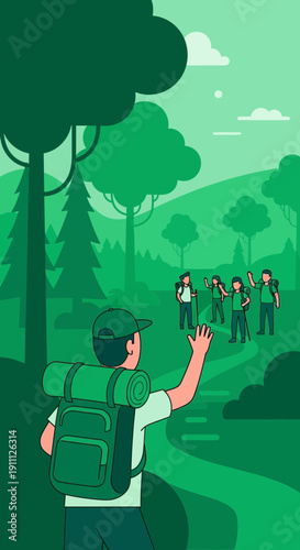 Outdoor Adventure Group Greeting in Lush Green Landscape