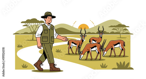 Park Ranger Guides Gazelles Through African Savannah Landscape At Sunrise