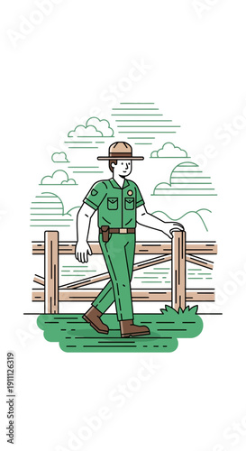 Park Ranger Guarding Nature Scenic Views And Wooden Fence Illustration