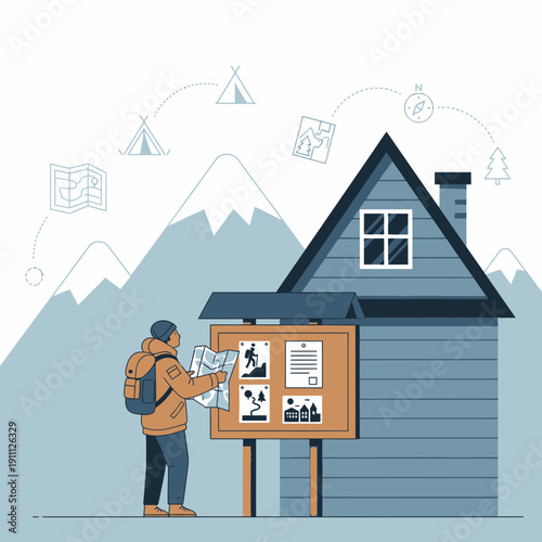 Outdoor Adventure Planning Information Station By A Mountain Lodge