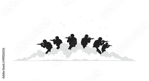 Silhouettes of armed military soldiers or special forces personnel in tactical gear running through smoke or fog with rifles.