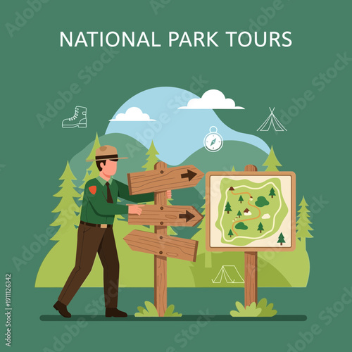 Park Ranger Guides Visitors With Map And Signpost To National Park Trails Adventure
