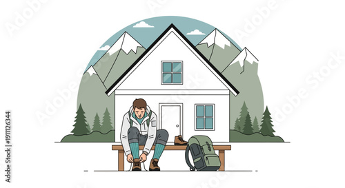 Outdoor Adventure Preparation A Cozy Cabin Scene With A Hiker Getting Ready