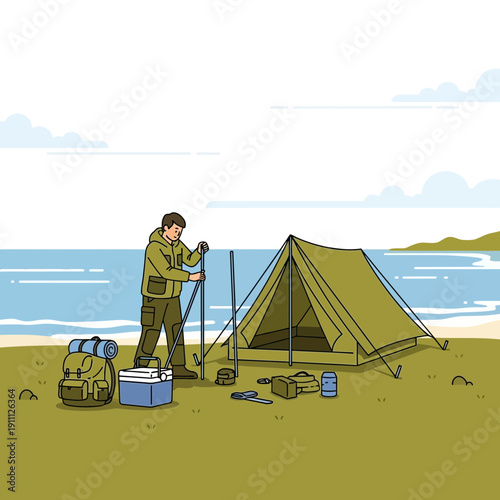 Outdoor Adventure Setup A Serene Camping Scene By The Water