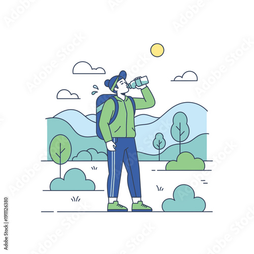 Outdoor Adventure Thirst Quenching Hiking Trip Serene Landscape Hydration Break