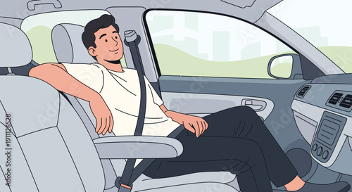 Passenger Relaxing Securely Buckled In A Comfortable Car Interior