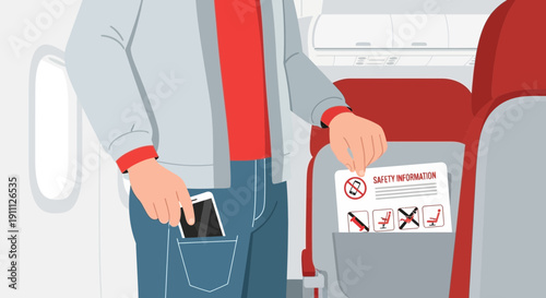 Passenger Preparing For Flight By Storing Phone Safely Beside Safety Information Card