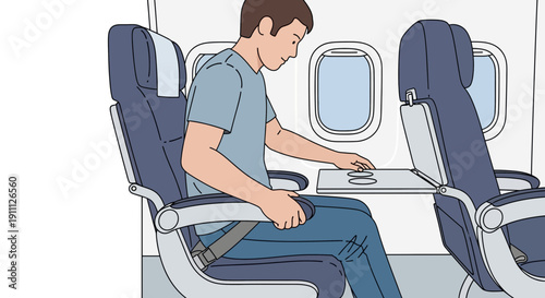 Passenger Sitting In An Airplane Seat With Tray Table Deployed