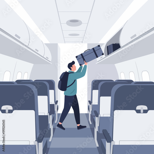 Passenger Stowing Luggage On Airplane Cabin Overhead Compartment Travel Adventure