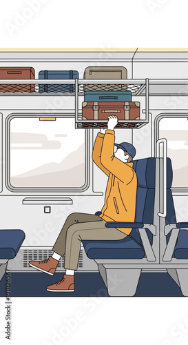 Passenger Stows Luggage In Overhead Train Compartment During Commute