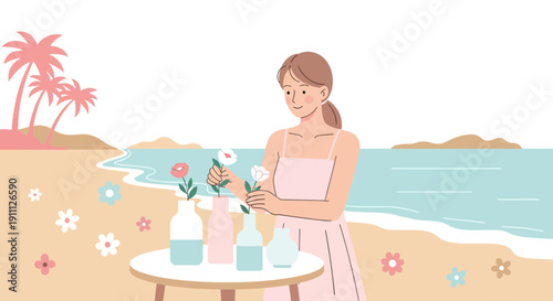Peaceful Beachside Moment Arranging Delicate Blooms By The Ocean