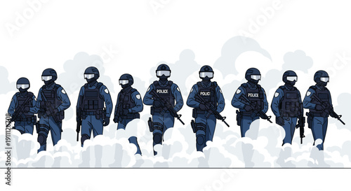 Pixel art style police or SWAT officers in dark blue uniforms and helmets stand with rifles amidst smoke.