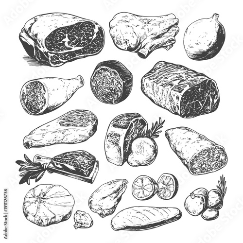 Various types of butchered and prepared meat arranged in a pattern