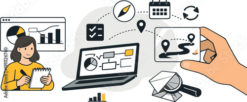 Modern minimal flat vector conceptual collage, crisp hard edges, consistent THIN outline stroke, rounded corners where needed,