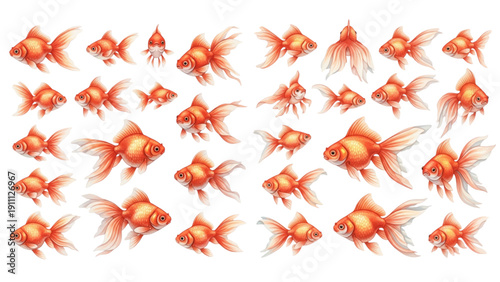 A charming watercolor collection of graceful goldfish, including flowing fins, delicate tail variations, swimming poses, and vibrant orange aquatic details.