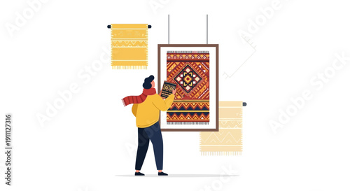 Person Admiring Intricate Woven Tapestries And Colorful Geometric Rugs