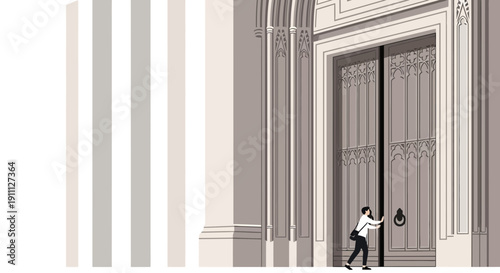 Person Approaching Grand Ornate Double Doors Seeking Entry