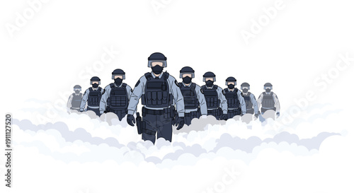 Pixel art style riot police or security personnel in grey tactical uniforms and helmets emerging from clouds or smoke.