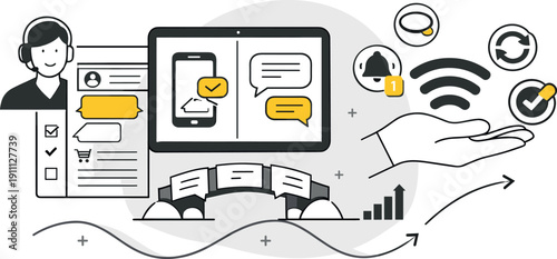 Modern minimal flat vector conceptual collage, crisp hard edges, consistent THIN outline stroke, rounded corners where needed,