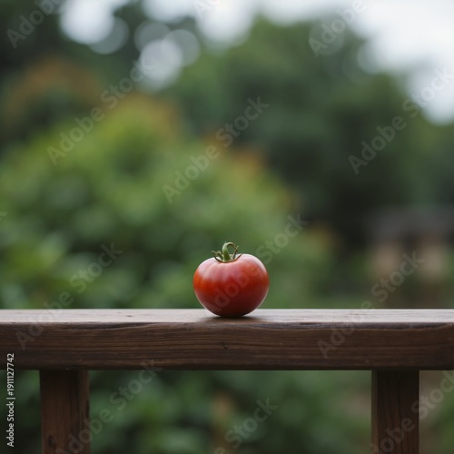 Minimalist side view: one deep-red tomato centered on a narrow wooden railing,