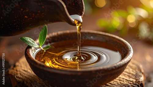 argan oil being poured in a clay bowl. AI Image