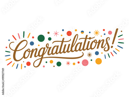 A colorful congratulations message with festive confetti and stars on a white background