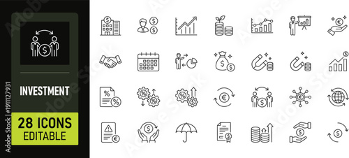 Investment Web Icon Set in Linear Style. Collection of finance and money, line icons, including profit, investor, portfolio, asset and more. Isolated on transparent background editable outline